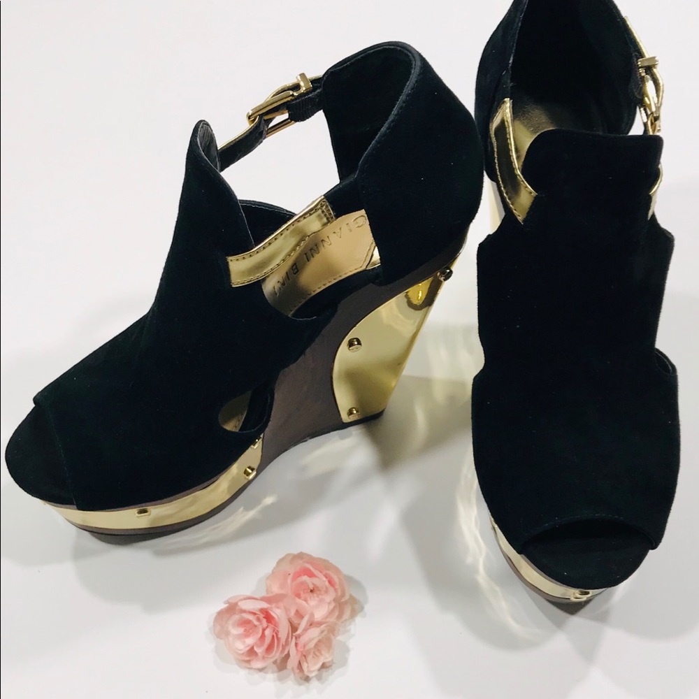 Gianni Bini Gold Plated Suede Platform Wedges